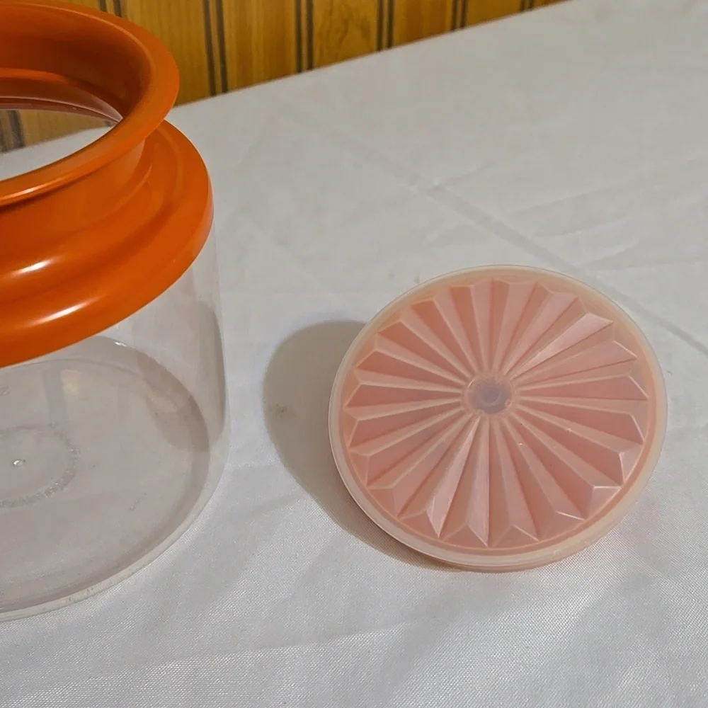 Vintage Tupperware 1477, Clear Acrylic Canister, Orange, Sealable Plunger Top